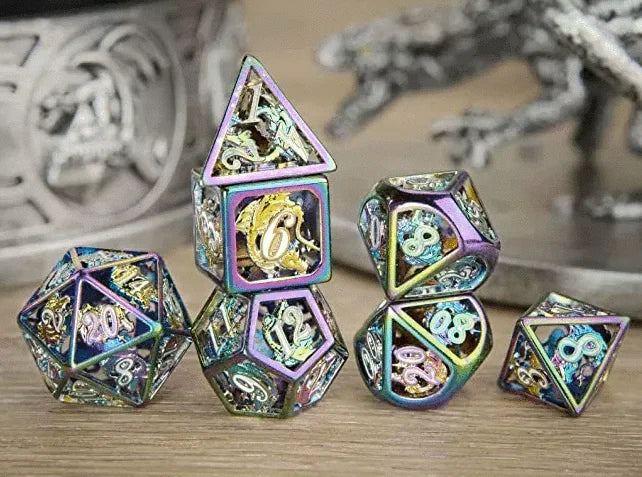 Rainbow with White Enamel Hollow Metal Dragon Polyhedral Dice Set