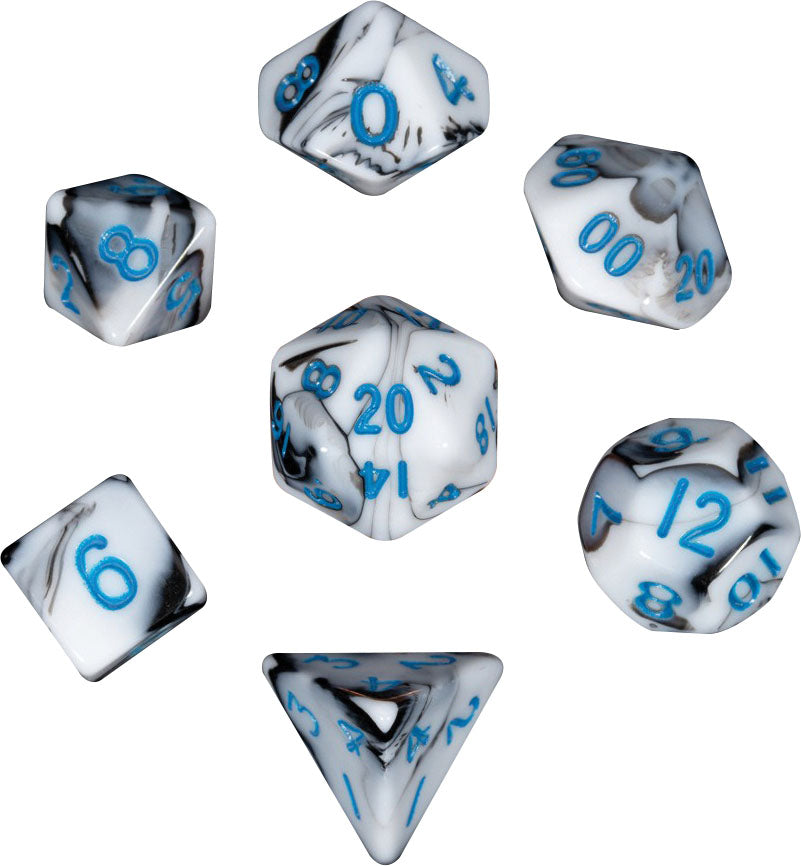 Mini Polyhedral Dice Set: Marble with Blue numbers