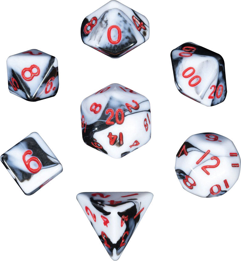 Mini Polyhedral Dice Set: Marble with Red numbers
