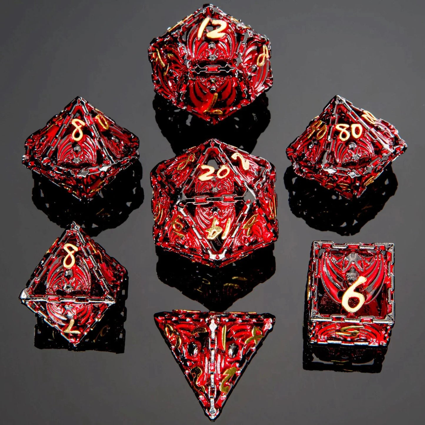 Hollow Metal Bat Polyhedral Dice Set - Gun Metal and Red