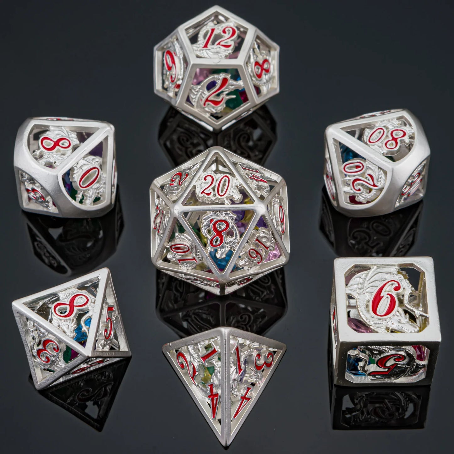 Hollow Dragon Polyhedral Dice Set Filled With Gems - Silver