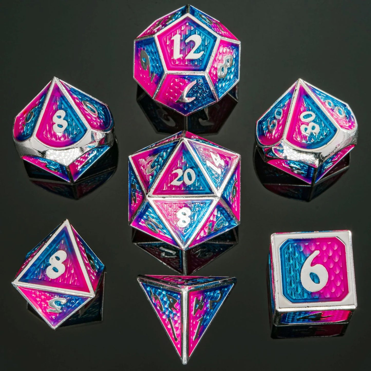 Solid Metal Behemoth Dice set - Silver with Pink and Blue