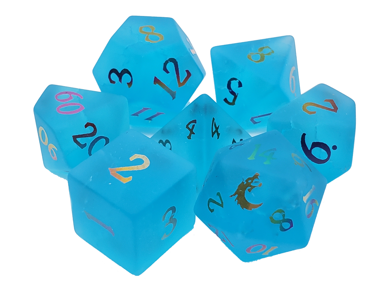Old School Dice: Gemstone 7-Piece Set - Frosted Blast Glass - Blue Sapphire w/ Spectral