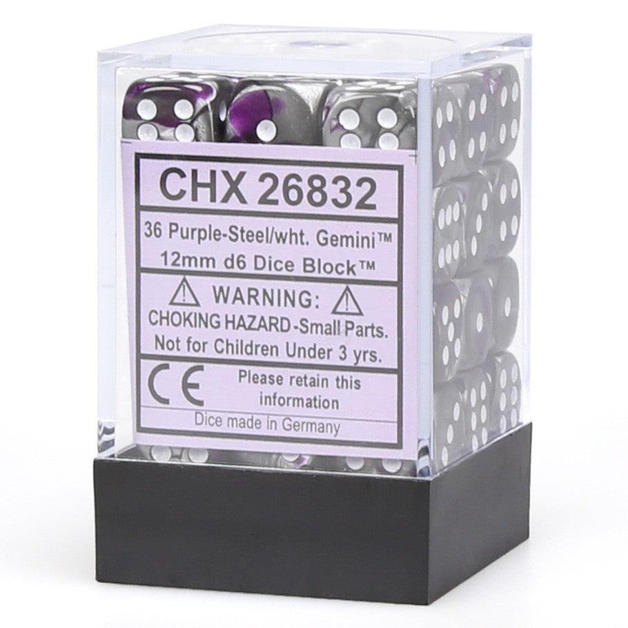 Gemini: 12mm D6 Purple Steel/White (36)
