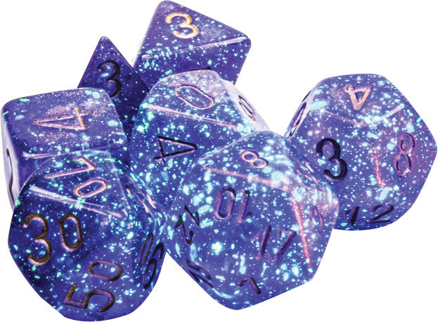 Borealis: Mini-Polyhedral Royal Purple/gold Luminary 7-Die Set