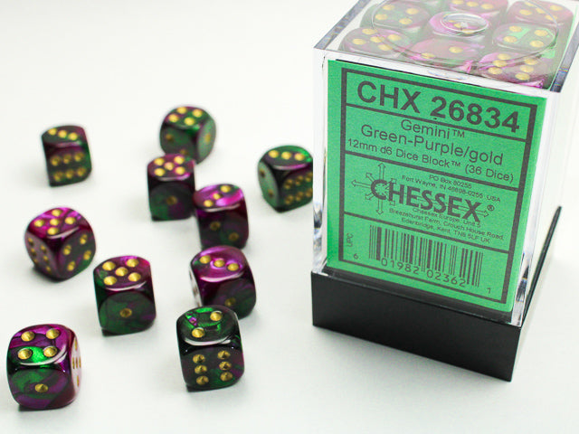 Gemini: 12mm D6 Green Purple Gold/Black (36)