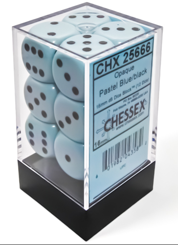 Opaque 16mm d6 Pastel Blue/black Dice Block (12 dice)