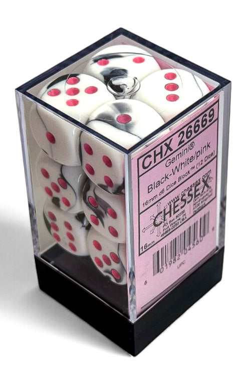 Speckled: 16mm d6 Black-White/pink Dice Block (12)