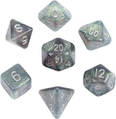 10mm Mini Stardust Acrylic Poly Dice Set: Gray w/ Silver Numbers (7)