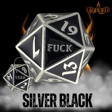 F*ck Yeah D20 Metal RPG Dice - Silver Black