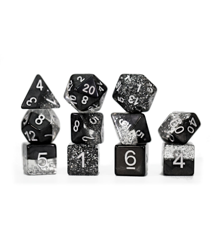 “Glitter Black” Halfsies Dice – Sparkle Edition! (7 Polyhedral Dice Set)