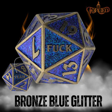 F*ck Yeah D20 Metal RPG Dice - Bronze Blue Glitter