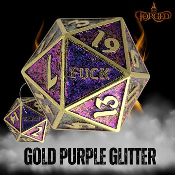 F*ck Yeah D20 Metal RPG Dice - Gold Purple Glittler