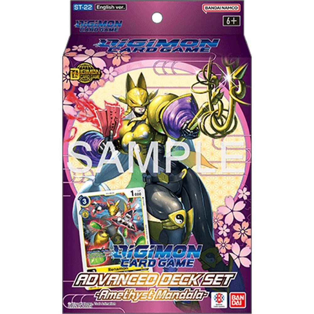 Digimon Card Game Advanced Deck Set packaging with character and card illustration on a purple background.