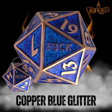 F*ck Yeah D20 Metal RPG Dice - Copper Blue Glitter