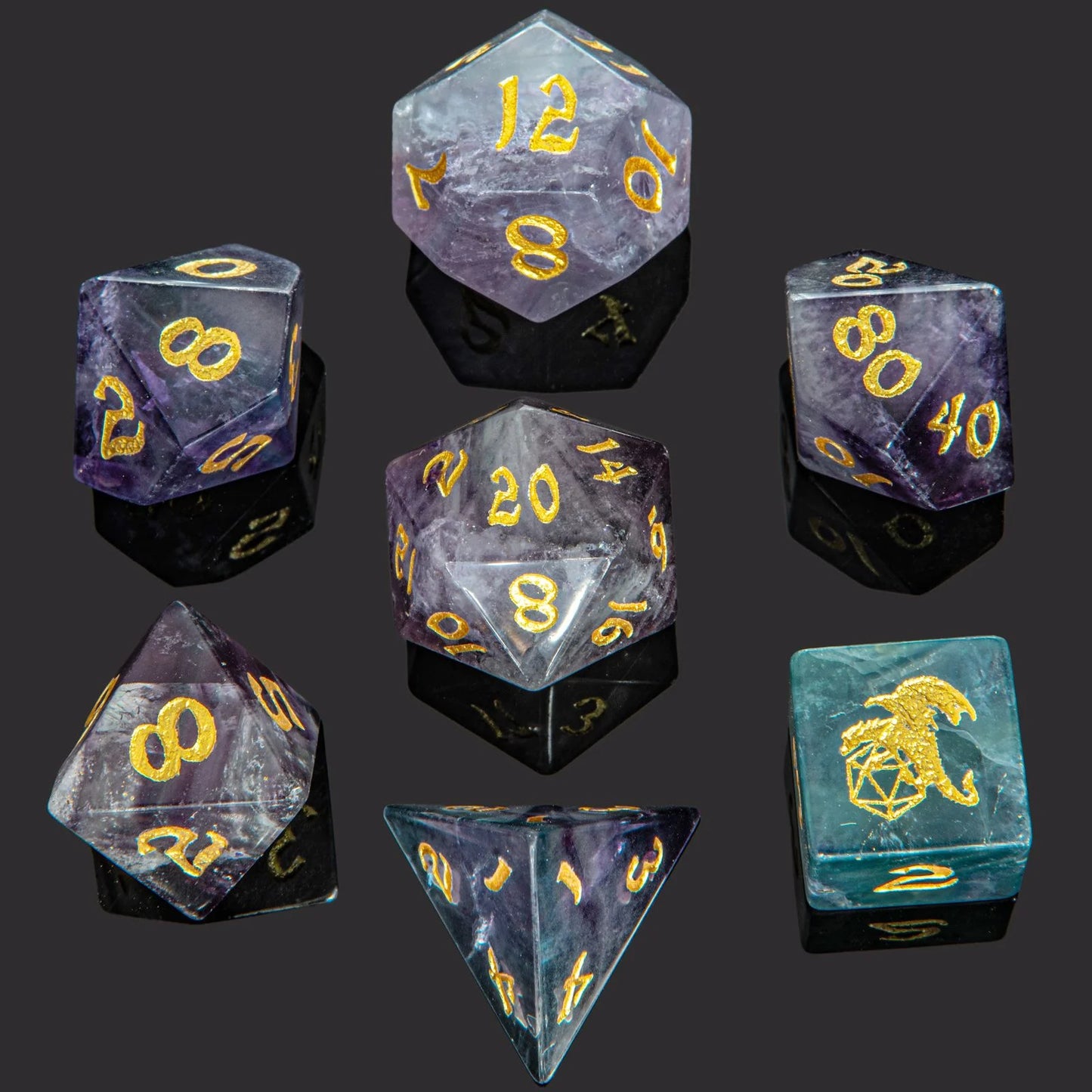 Dragon's Hoard Gem Stone Polyhedral Dice Set - Purple Fluorite