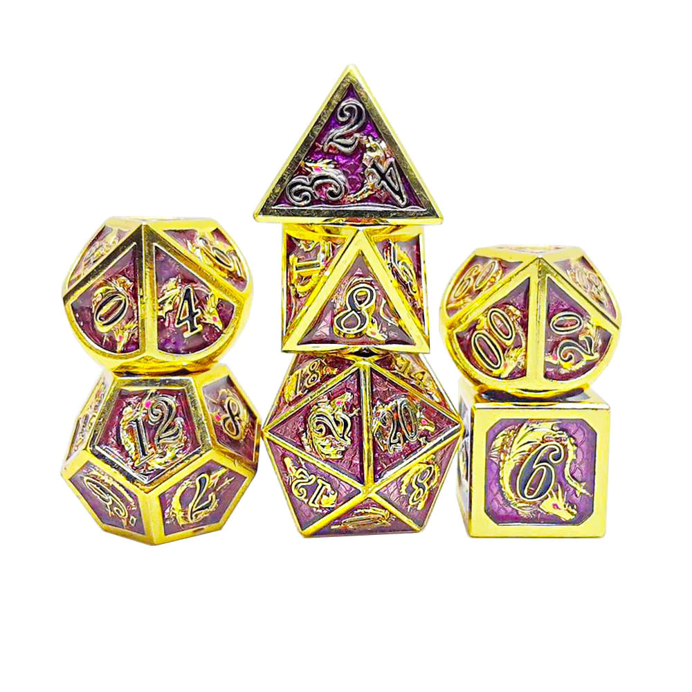 Gold with Purple Solid Metal Dragon Polyhedral Dice Set