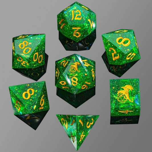 Captured Magic Hand Sanded Sharp Edge Resin - Green Polyhedral Dice Set