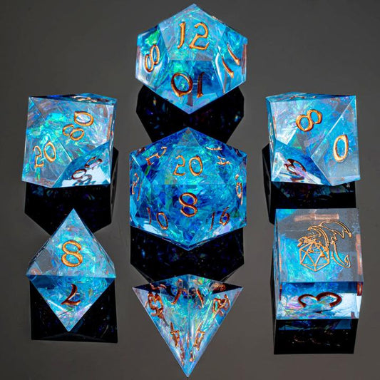 Captured Magic Hand Sanded Sharp Edge Resin - Blue Polyhedral Dice Set