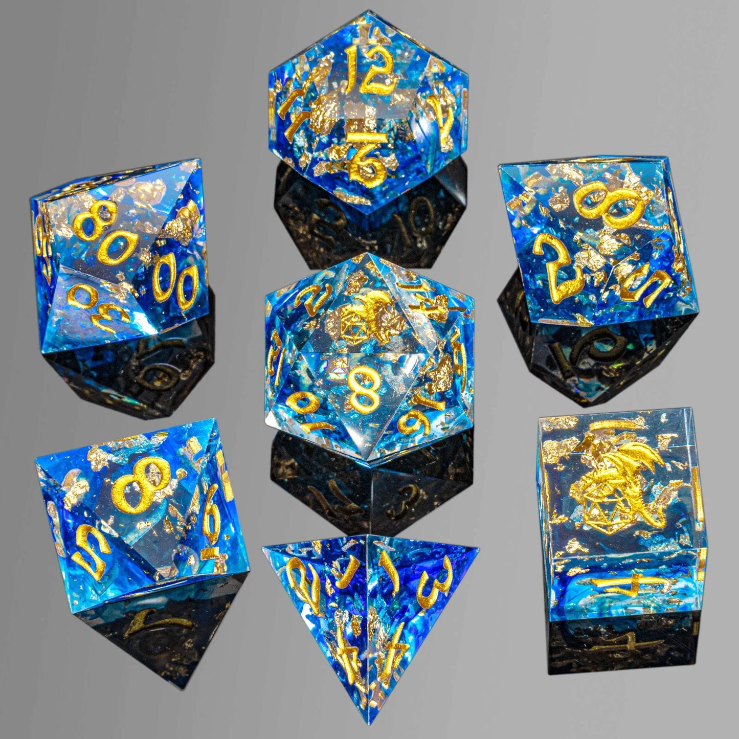 Captured Magic Hand Sanded Sharp Edge Resin - Blue Gold Foil Polyhedral Dice Set