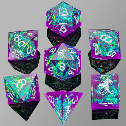 Captured Magic Hand Sanded Sharp Edge Resin - Purple Green Polyhedral Dice Set