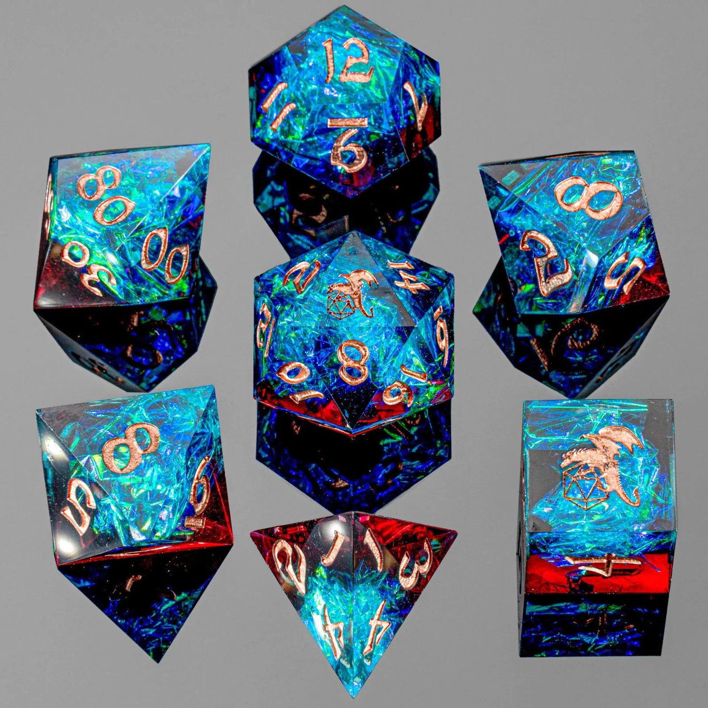 Captured Magic Hand Sanded Sharp Edge Resin - Blue Red Polyhedral Dice Set