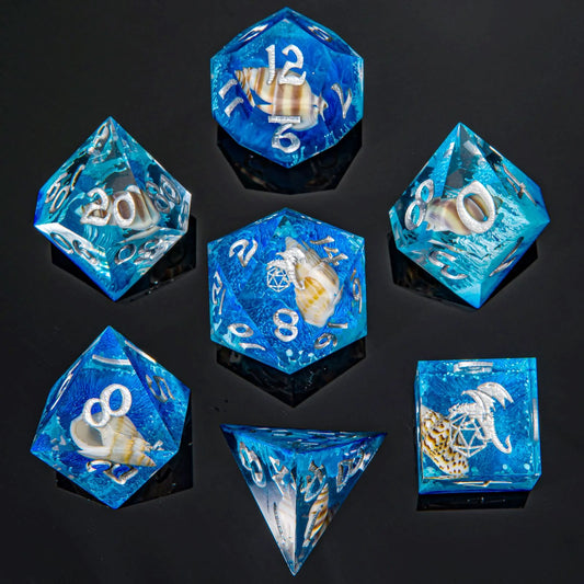 Captured Magic Hand Sanded Sharp Edge Resin - Sea Snail Inclusion Polyhedral Dice Set