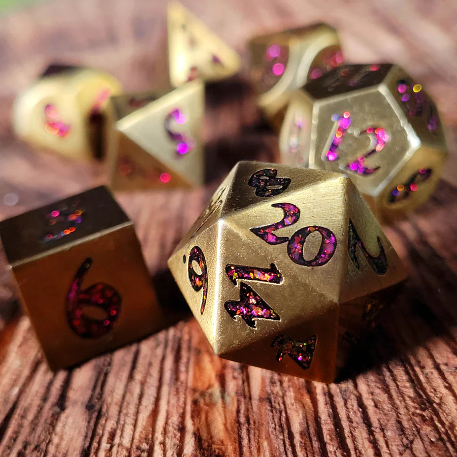 Forged Lore Antique Gold with Red Mica 7-Piece Metal Dice Set