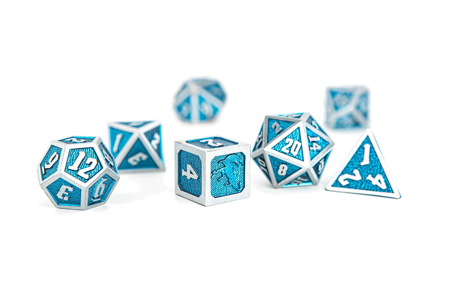 Draconis Solid Metal Polyhedral Dice set - Brushed Iron with Cold Blue