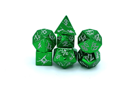 Barbarian Solid Metal Polyhedral Dice Set - Green Chrome with Silver