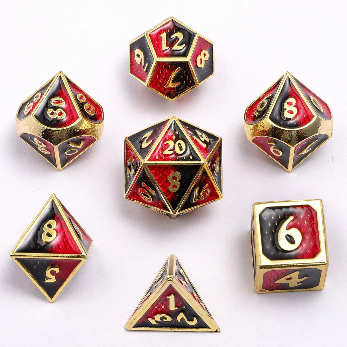 Solid Metal Mini Behemoth Dice set - Gold with Red and Black Enamel