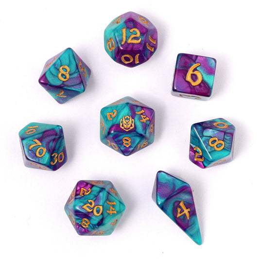 Wyrmforged Rollers - Rounded Edge 8 Piece Polyhedral Dice set - Frostbloom