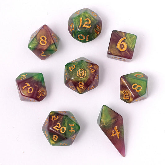 Wyrmforged Rollers - Rounded Edge 8 Piece Polyhedral Dice set - Wyvern Venom