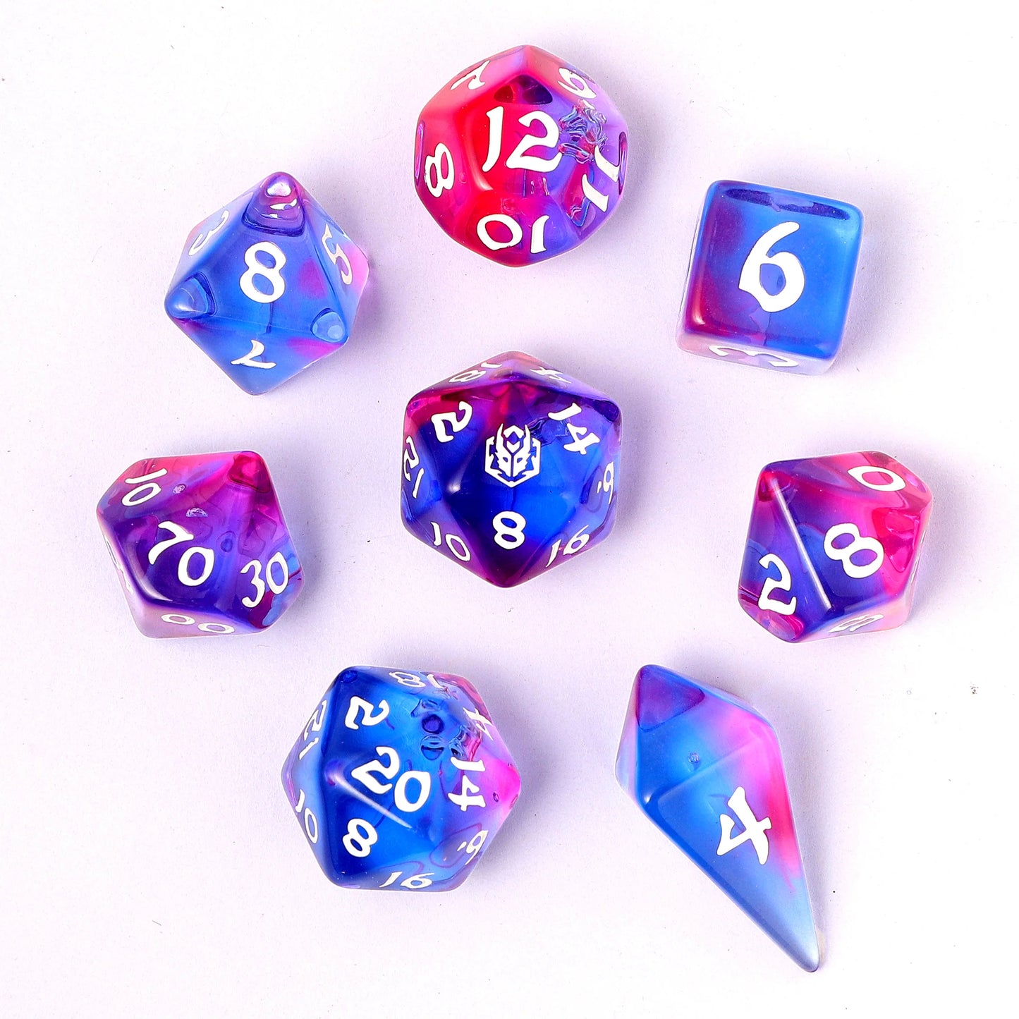 Wyrmforged Rollers - Rounded Edge 8 Piece Polyhedral Dice set - Unicorn Tears