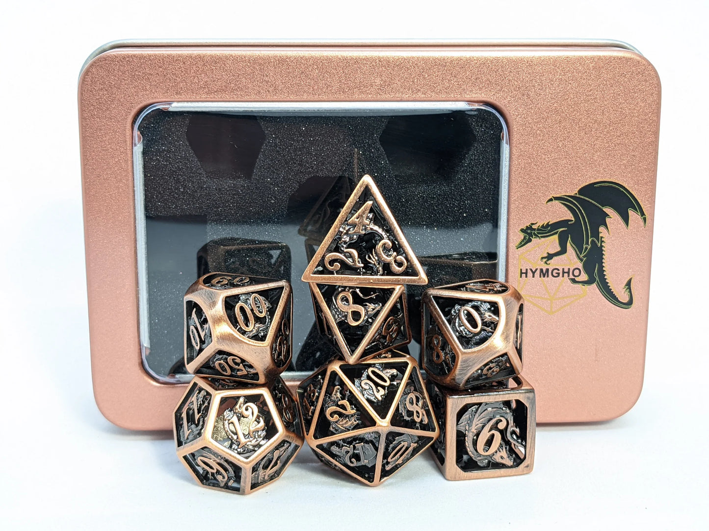 Ancient Copper Hollow Metal Dragon Polyhedral Dice Set