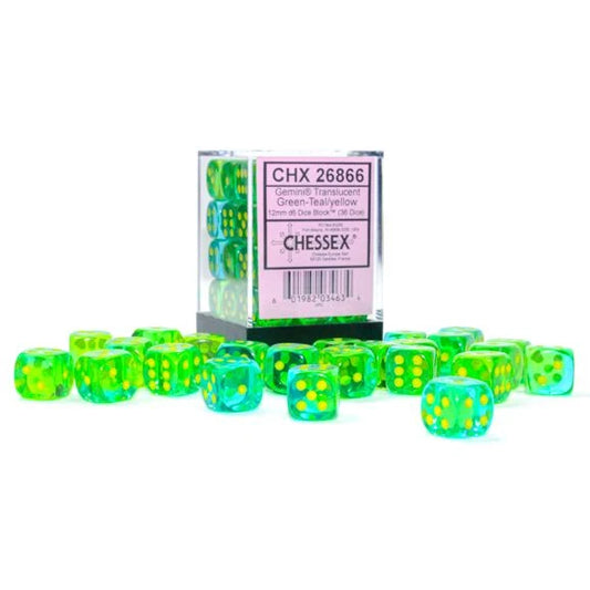 Gemini: 12mm d6 Translucent Green-Teal/yellow Dice Block (36 dice)