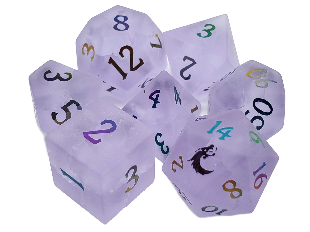Old School Dice: Gemstone 7-Piece Set - Frosted Blast Glass - Amethyst w/ Spectral