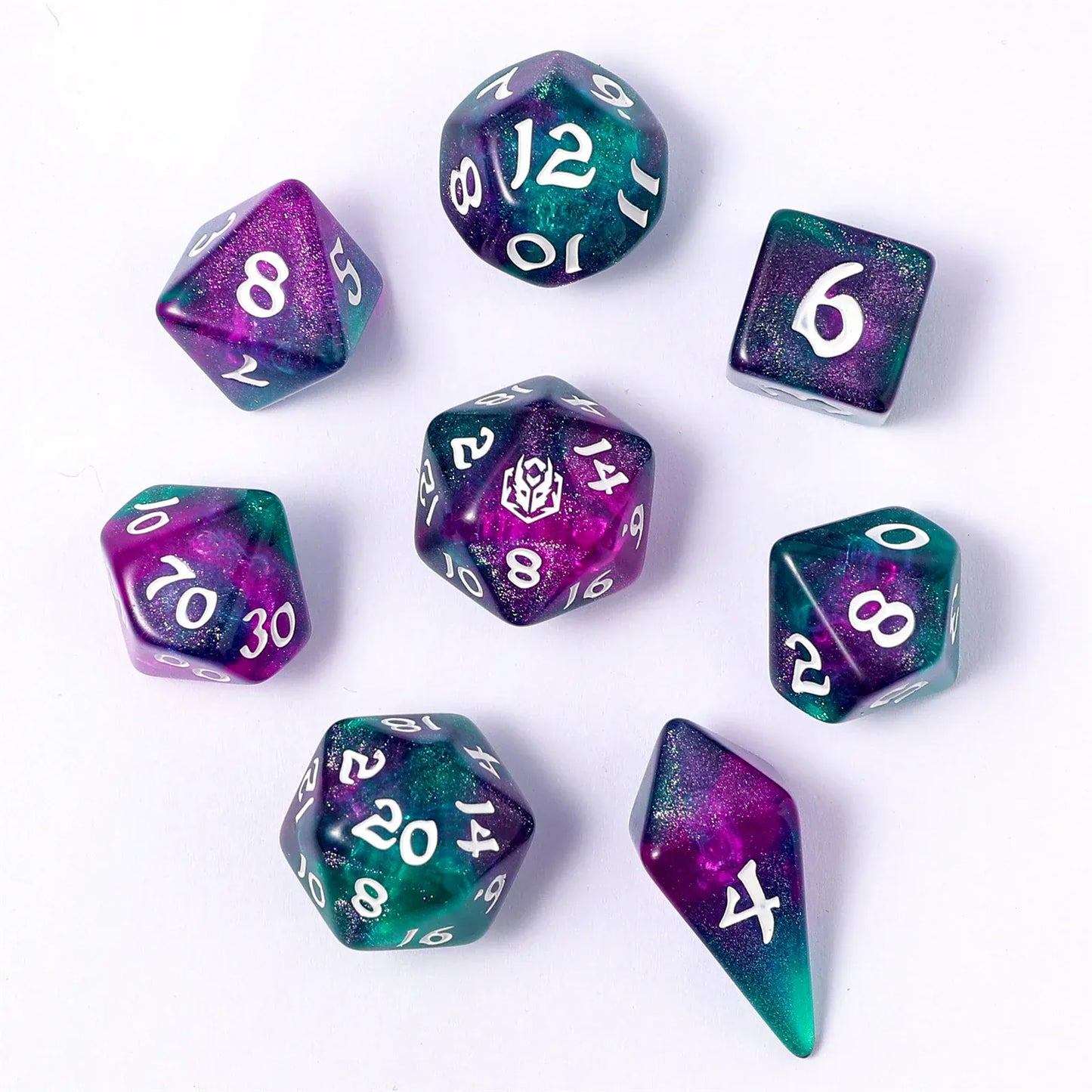 Wyrmforged Rollers - Rounded Edge 8 Piece Polyhedral Dice set - Jester's Cloak