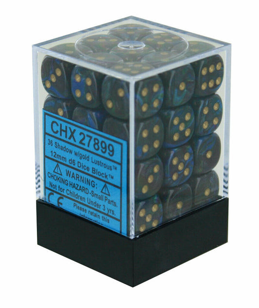 Lustrous: 12mm D6 Shadow/Gold/Black (36)