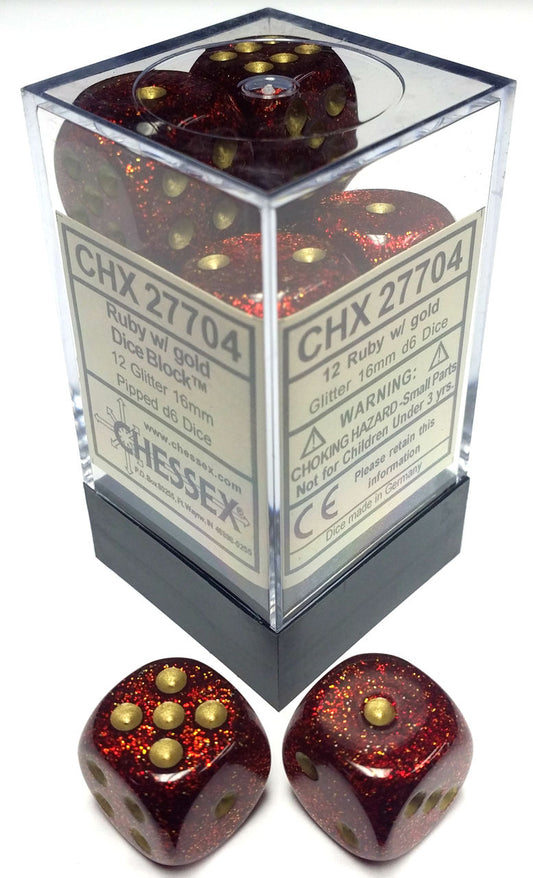 Glitter 16mm D6 Ruby/Gold (12)