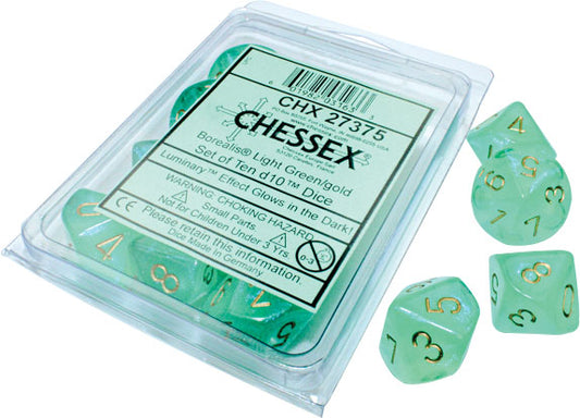 Borealis: Light Green/gold Luminary Set of Ten d10s