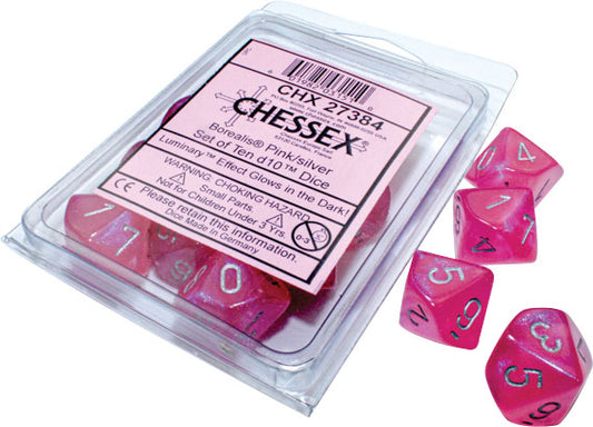 Borealis: Pink/silver Luminary Set of Ten d10s