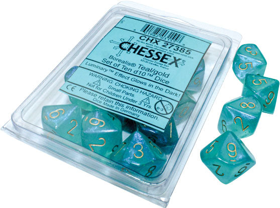 Borealis: Teal/gold Luminary Set of Ten d10s