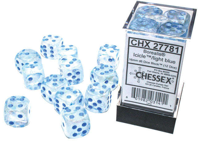 Borealis: 16mm d6 Icicle/light blue Luminary Dice Block (12 dice)