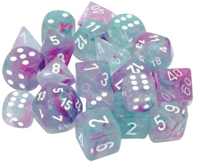 Nebula: Mini-Polyhedral Wisteria/white Luminary 7-Die Set