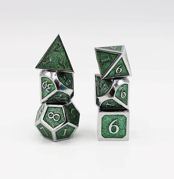 Foam Brain Games: Silver with Emerald Glitter Metal RPG Dice Set